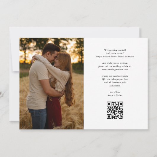 Elegante hart script foto trouw QR-code Save The Date (Achterkant)
