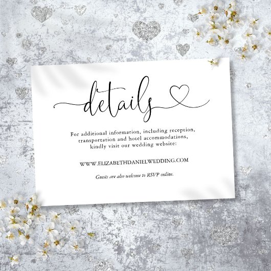 Elegante Hart Script Trouwdetails Informatiekaartje