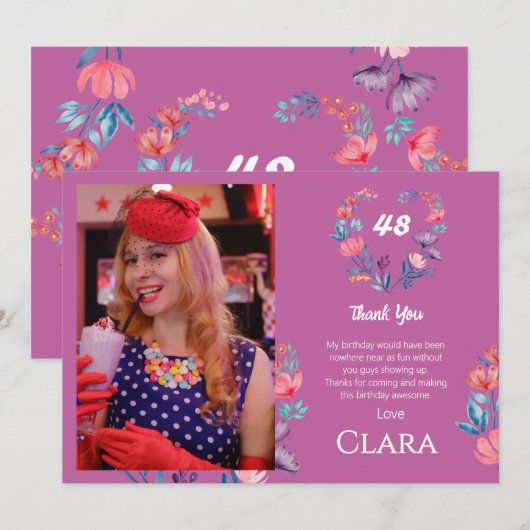 Elegante hart waterverf bloemenverjaardag bedankt kaart (Voorkant / Achterkant)