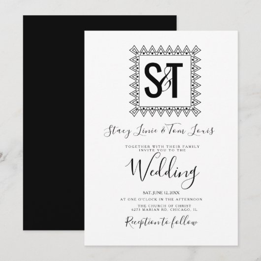 Elegante Harten & Frame Zwart Witte Bruiloft Kaart (Voorkant / Achterkant)