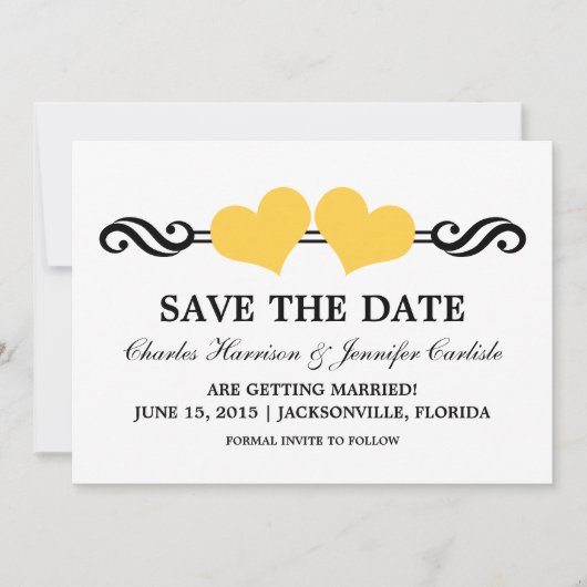 Elegante Hartjes Save the Date Uitnodiging, Geel Kaart (Voorkant)