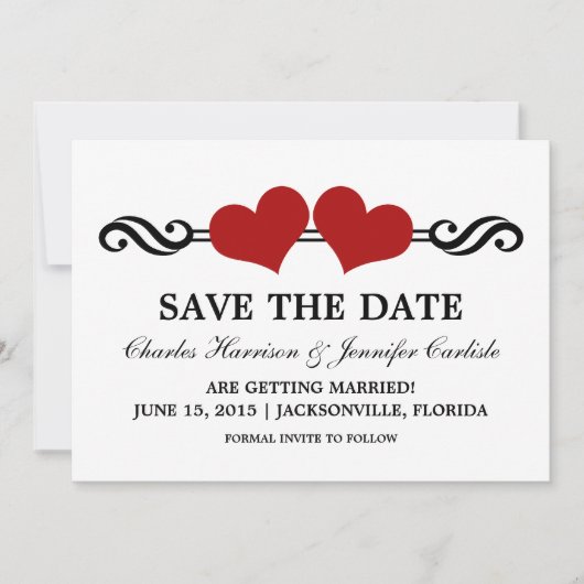 Elegante Hartjes Save the Date Uitnodiging, Rood Kaart (Voorkant)