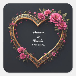 Elegante Hartvormige Lijst Versierd Met Roze Rozen Vierkante Sticker