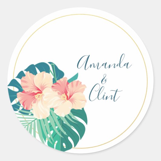 Elegante Hawaïaanse Hibiscus Trouwstickers Ronde Sticker (Voorkant)