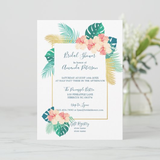 Elegante Hawaiiaanse Hibiscus Bridal Shower Uitnod Kaart (Staand voorkant)