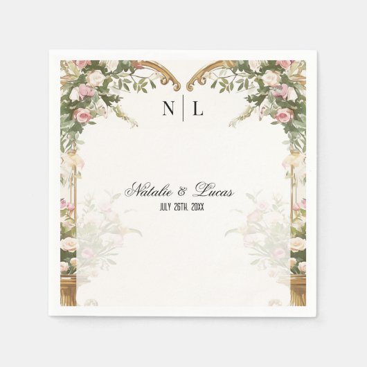 Elegante Heart Arch Blush Bloemen en gouden bruilo Servet (Voorkant)