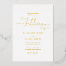 Elegante Hearts Script Calligrafie Trouwdag Goud Folie Uitnodiging