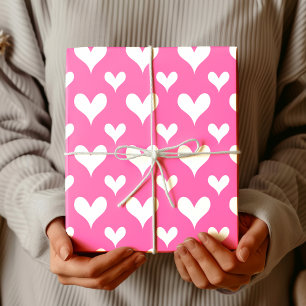 Elegante Heet Roze Vintage Witte Hart Cadeaupapier