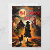 Elegante heks en kat silhouet Halloween Party Kaart (Voorkant)