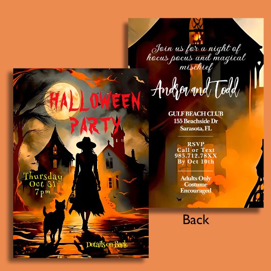 Elegante heks en kat silhouet Halloween Party Kaart