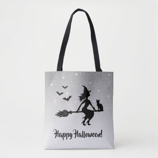 Elegante heks grijs en zwart gelukkig Halloween Tote Bag (Voorkant)