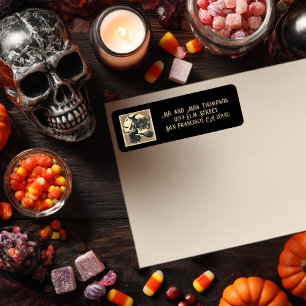 Elegante Heks op Bezem Vintage Halloween Zwart Etiket