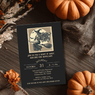 Elegante Heks op Bezem Vintage Halloween Zwart Kaart