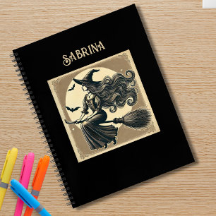 Elegante Heks op Bezem Vintage Halloween Zwart Notitieboek