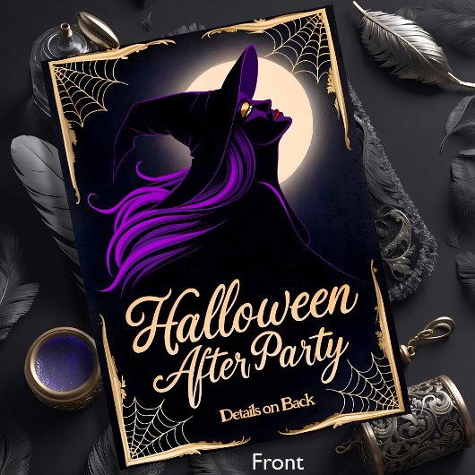 Elegante heks paarse haar Halloween After Party Kaart