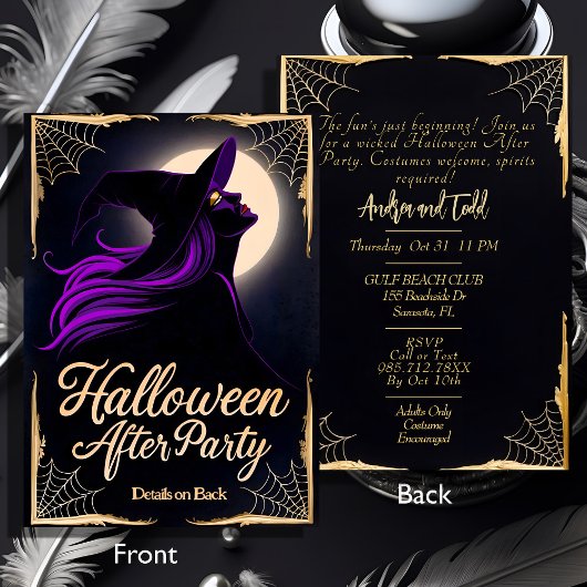 Elegante heks paarse haar Halloween After Party Kaart