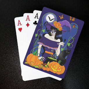 Elegante Heksen van Halloween Suiker Skulls Paars Speelkaarten