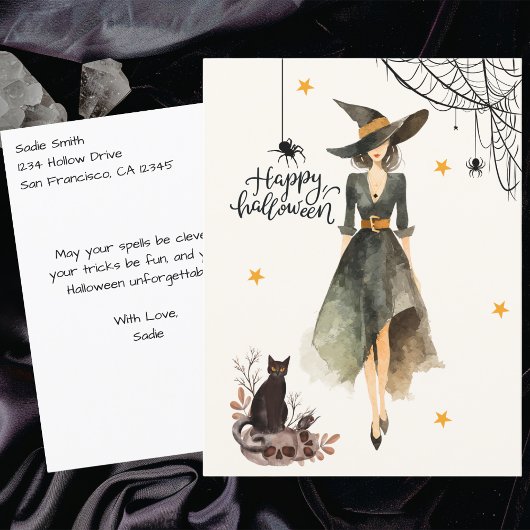  Elegante Heksenkattenspinnen Gothic Halloween Briefkaart