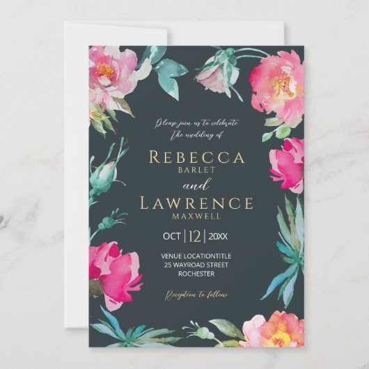 Elegante helder roze bloemen bruiloft uitnodiging (Voorkant)