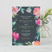 Elegante helder roze bloemen bruiloft uitnodiging (Staand voorkant)