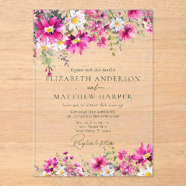 Elegante helder roze wilde bloemen bloem bruiloft acryl uitnodigingen