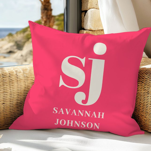 Elegante heldere roze monogram initiaal  kussen (Creator heeft geüpload)