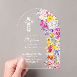 Elegante heldere wilde bloemen boog Doop Acryl Uitnodigingen