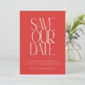 Elegante helderrode typografie uit het midden van save the date (Staand voorkant)