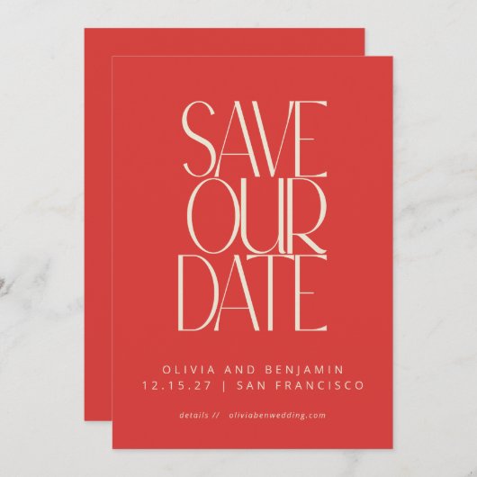 Elegante helderrode typografie uit het midden van save the date (Voorkant / Achterkant)
