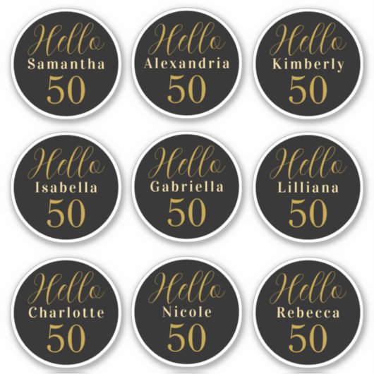 Elegante Hello 50 Zwart Goud Persoonlijke Namen Sticker (Voorkant)