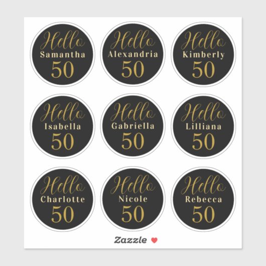 Elegante Hello 50 Zwart Goud Persoonlijke Namen Sticker (Vel)