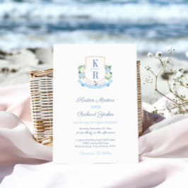 Elegante Hemelblauwe Kust Monogram Wapen Huwelijk Kaart