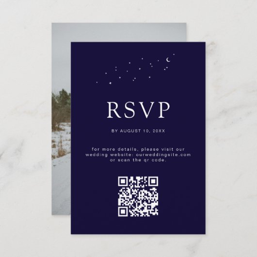 Elegante Hemelse Blauwe QR Code Trouwfoto RSVP Kaartje (Voorkant / Achterkant)