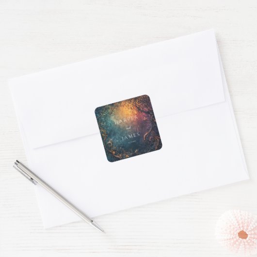 Elegante hemelse bruiloft vierkante sticker (Envelop)