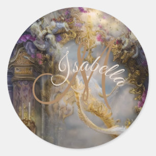 Elegante Hemelse Gouden Poort, Gouden Tekst Ronde Sticker
