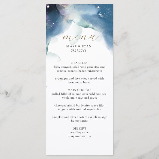 Elegante hemelse Sterrennacht hemelbruiloft Menu (Voorkant)