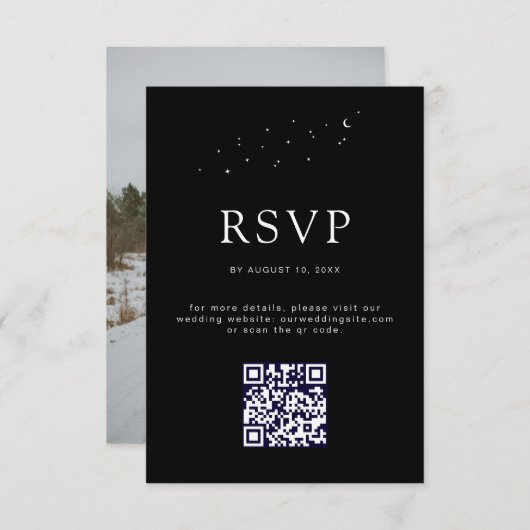 Elegante Hemelse Zwarte QR Code Trouwfoto RSVP Kaartje (Voorkant / Achterkant)