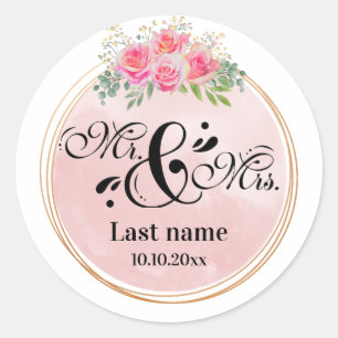 Elegante Heren en Dames Roze Bloemen Bruiloft Ronde Sticker