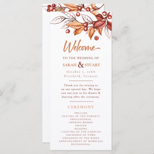 Elegante herfst Aarde Toon Terracotta Bruiloft Programmakaart (Voorkant / Achterkant)