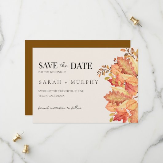 Elegante herfst aquarel bladeren herfst bruiloft save the date (Voorkant / Achterkant in situ)