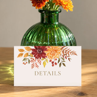 Elegante herfst aquarel bloemige trouwdetails informatiekaartje