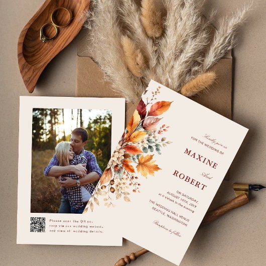 Elegante herfst aquarel QR-code foto bruiloft Kaart