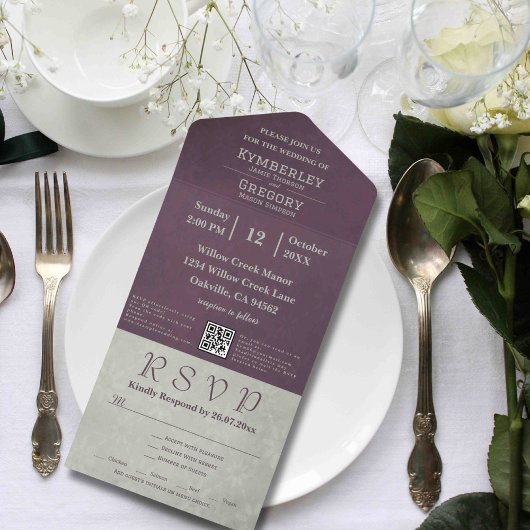 Elegante Herfst Aubergine Salie Grijs QR Code All In One Uitnodiging