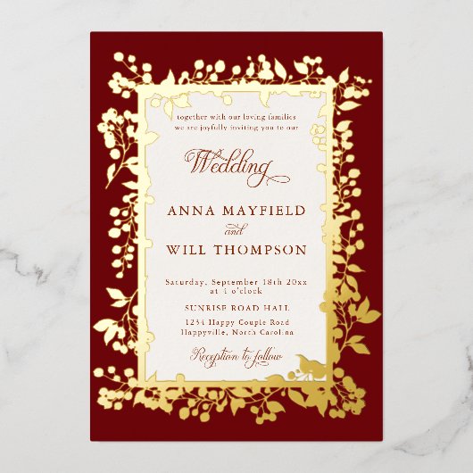 Elegante Herfst Bessen Lijst Bourgondische rustiek Folie Uitnodiging (Voorkant)