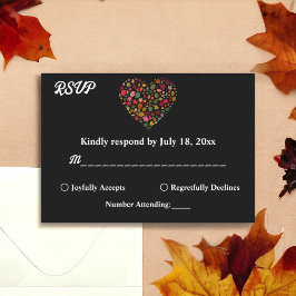 Elegante herfst bladeren hart zwart bloemenbruilof RSVP kaartje