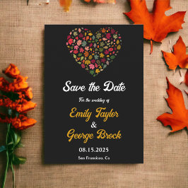 Elegante herfst bladeren hart zwart bloemenbruilof save the date