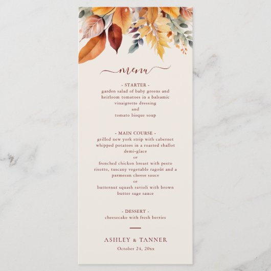 Elegante herfst bladeren herfst bruiloft menu (Voorkant)