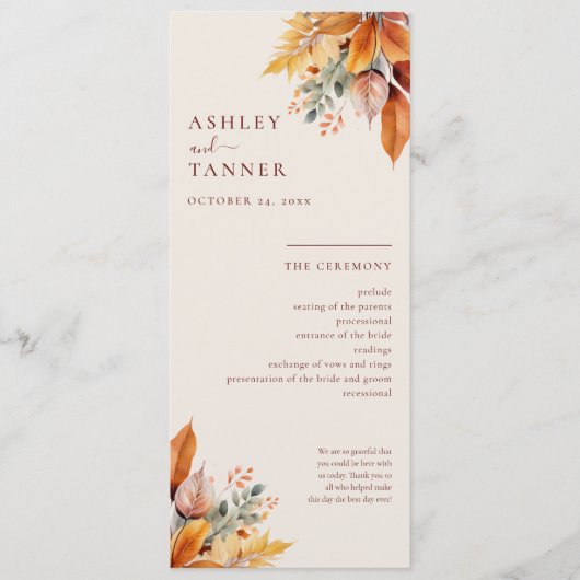Elegante herfst bladeren herfst bruiloft programmakaart (Voorkant)