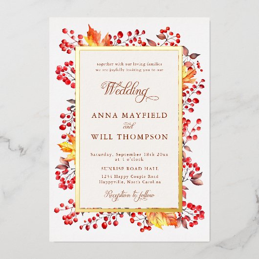 Elegante herfst bladeren rode bessen Lijst bruilof Folie Uitnodiging (Voorkant)