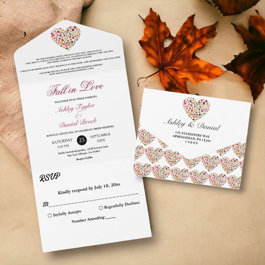 Elegante herfst bladeren romantisch hart bloemenbr all in one uitnodiging